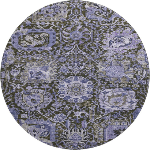 8' X 8' Purple Gray And Silver Damask Washable Round Rug With UV Protection