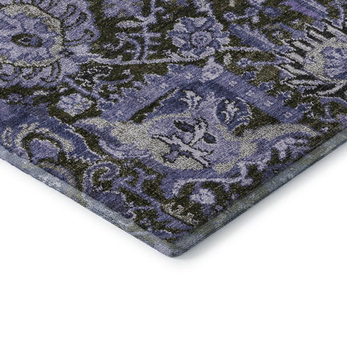 8' X 8' Purple Gray And Silver Damask Washable Round Rug With UV Protection