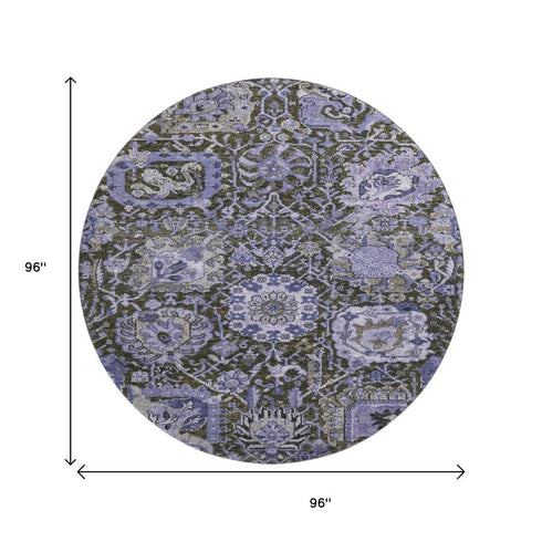 8' X 8' Purple Gray And Silver Damask Washable Round Rug With UV Protection