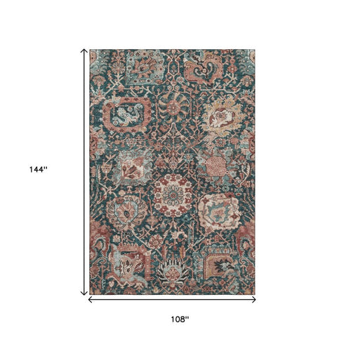 9' X 12' Salmon Teal And Peach Damask Washable Area Rug With UV Protection