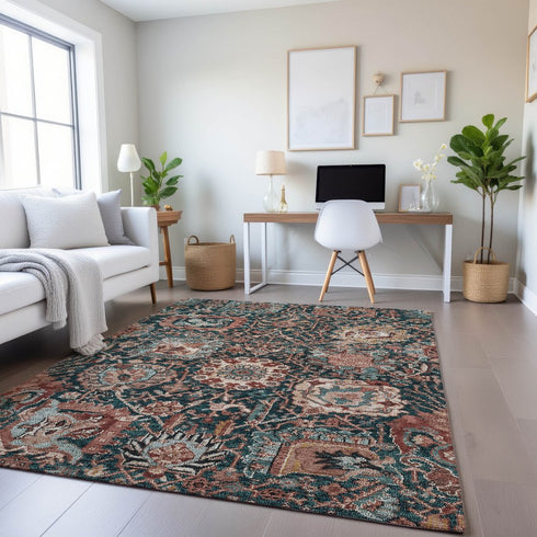 9' X 12' Salmon Teal And Peach Damask Washable Area Rug With UV Protection