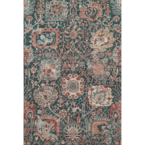 9' X 12' Salmon Teal And Peach Damask Washable Area Rug With UV Protection
