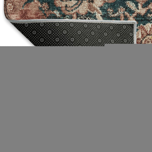 9' X 12' Salmon Teal And Peach Damask Washable Area Rug With UV Protection
