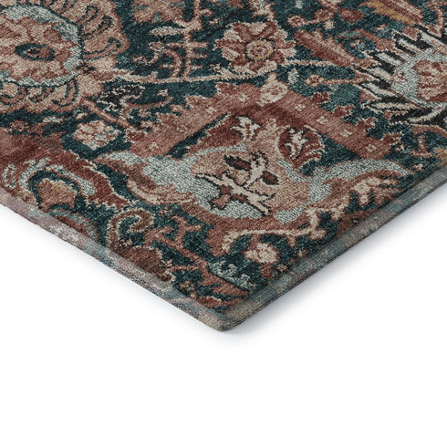 9' X 12' Salmon Teal And Peach Damask Washable Area Rug With UV Protection