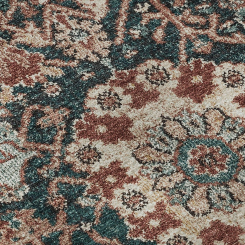 9' X 12' Salmon Teal And Peach Damask Washable Area Rug With UV Protection