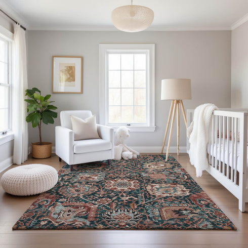 9' X 12' Salmon Teal And Peach Damask Washable Area Rug With UV Protection