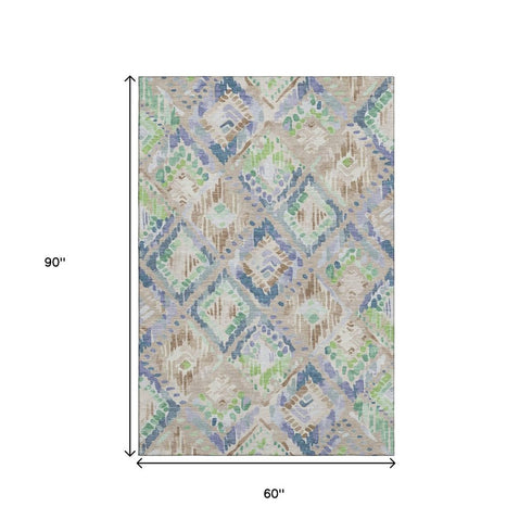 5' X 8' Beige Green And Blue Geometric Washable Area Rug With UV Protection