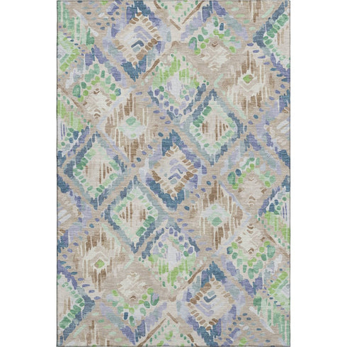 5' X 8' Beige Green And Blue Geometric Washable Area Rug With UV Protection