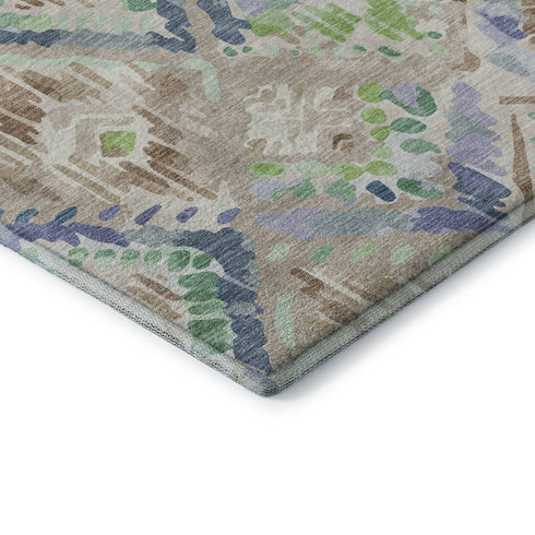5' X 8' Beige Green And Blue Geometric Washable Area Rug With UV Protection