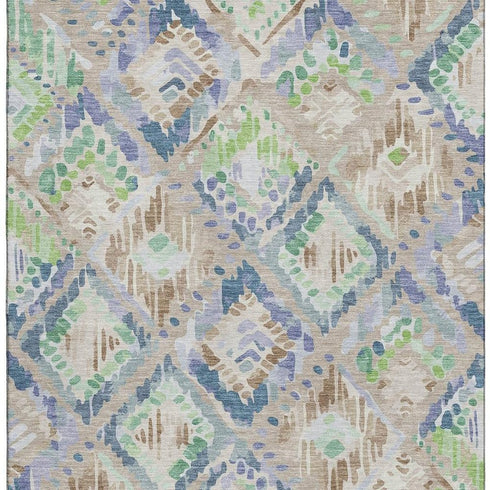 5' X 8' Beige Green And Blue Geometric Washable Area Rug With UV Protection