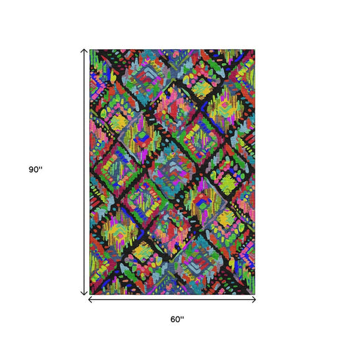 5' X 8' Black Red Pink And Green Geometric Washable Area Rug With UV Protection