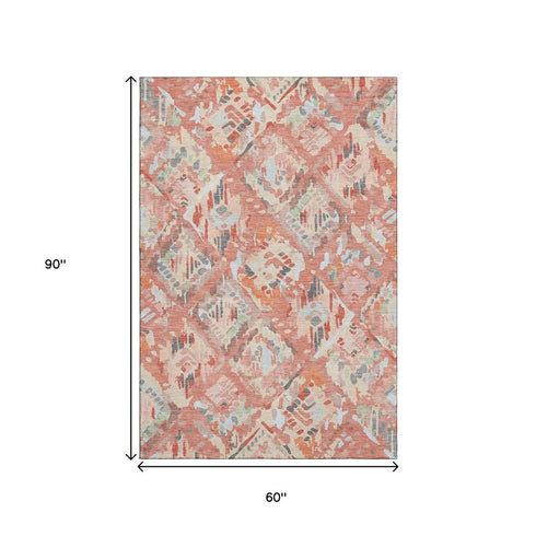 5' X 8' Coral Sky Blue And Mauve Geometric Washable Area Rug With UV Protection