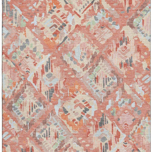 5' X 8' Coral Sky Blue And Mauve Geometric Washable Area Rug With UV Protection