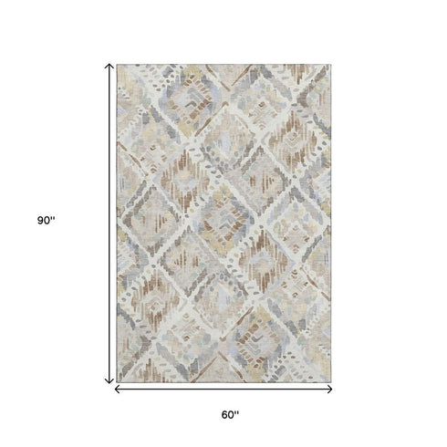 5' X 8' Ivory Brown And Gray Geometric Washable Area Rug With UV Protection