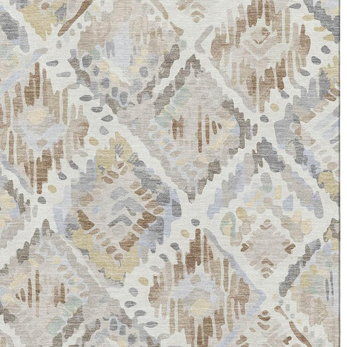 5' X 8' Ivory Brown And Gray Geometric Washable Area Rug With UV Protection