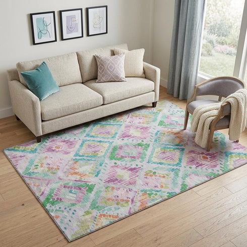 5' X 8' Lavender Teal And Orange Geometric Washable Area Rug With UV Protection