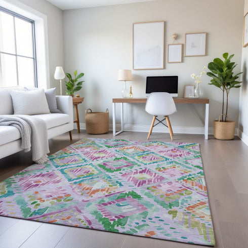 9' X 12' Lavender Teal And Orange Geometric Washable Area Rug With UV Protection