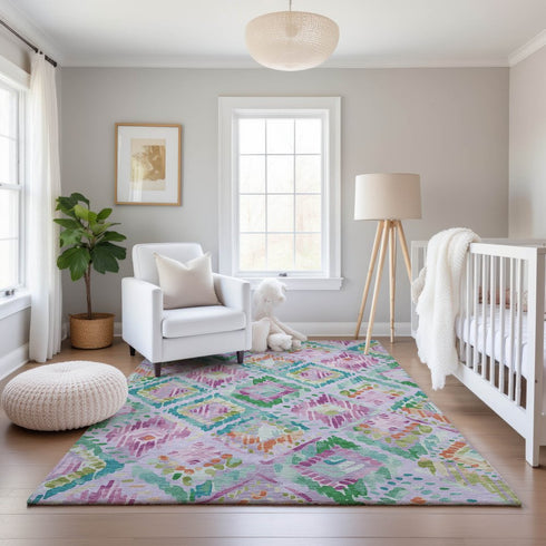 9' X 12' Lavender Teal And Orange Geometric Washable Area Rug With UV Protection