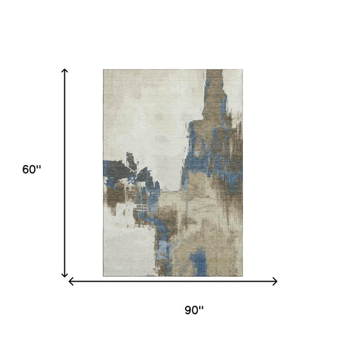 5' X 8' Beige Blue And Ivory Abstract Washable Area Rug With UV Protection