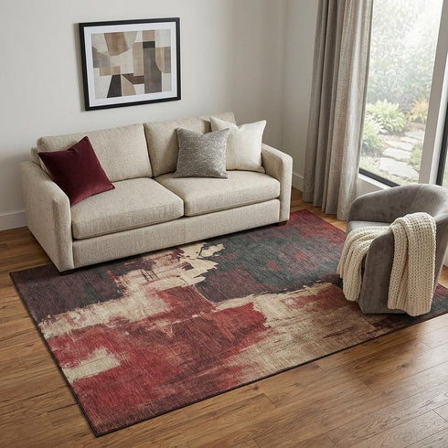 5' X 8' Brick Red Mauve And Beige Abstract Washable Area Rug With UV Protection