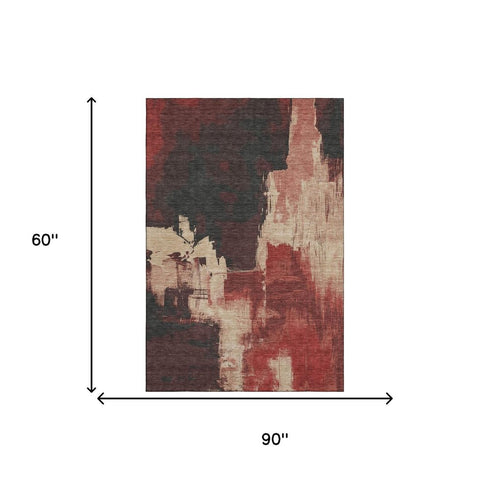 5' X 8' Brick Red Mauve And Beige Abstract Washable Area Rug With UV Protection