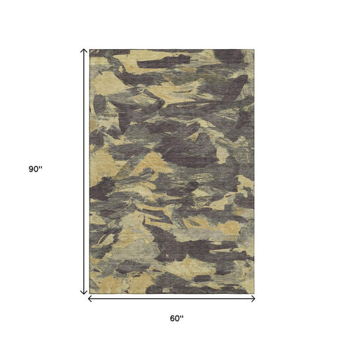 5' X 8' Charcoal And Gold Abstract Washable Area Rug With UV Protection