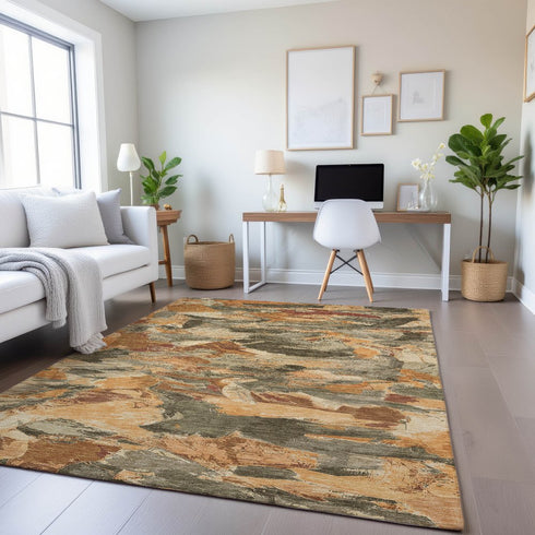 9' X 12' Copper Gray And Taupe Abstract Washable Area Rug With UV Protection