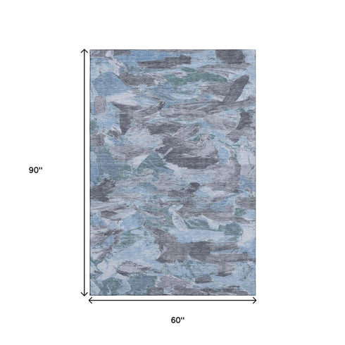5' X 8' Denim Blue Gray And Silver Abstract Washable Area Rug With UV Protection