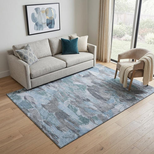 5' X 8' Denim Blue Gray And Silver Abstract Washable Area Rug With UV Protection