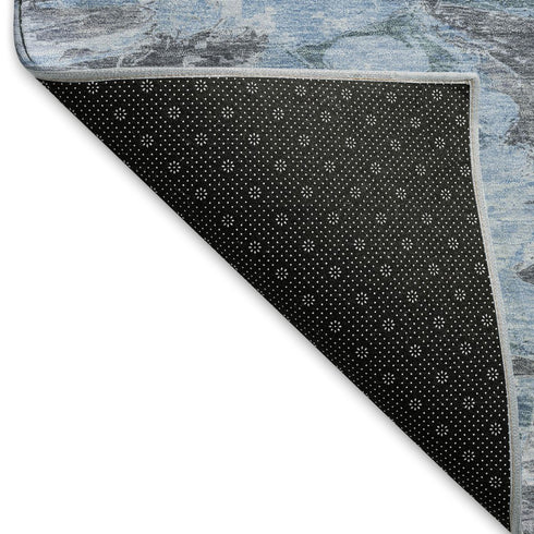 5' X 8' Denim Blue Gray And Silver Abstract Washable Area Rug With UV Protection