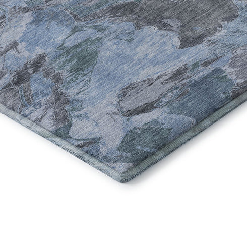 5' X 8' Denim Blue Gray And Silver Abstract Washable Area Rug With UV Protection