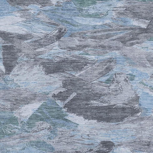 5' X 8' Denim Blue Gray And Silver Abstract Washable Area Rug With UV Protection