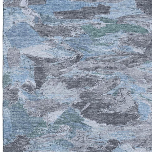 5' X 8' Denim Blue Gray And Silver Abstract Washable Area Rug With UV Protection
