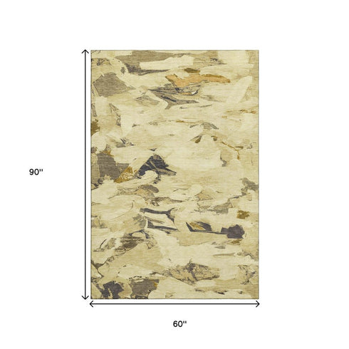 5' X 8' Gold Beige And Wheat Abstract Washable Area Rug With UV Protection