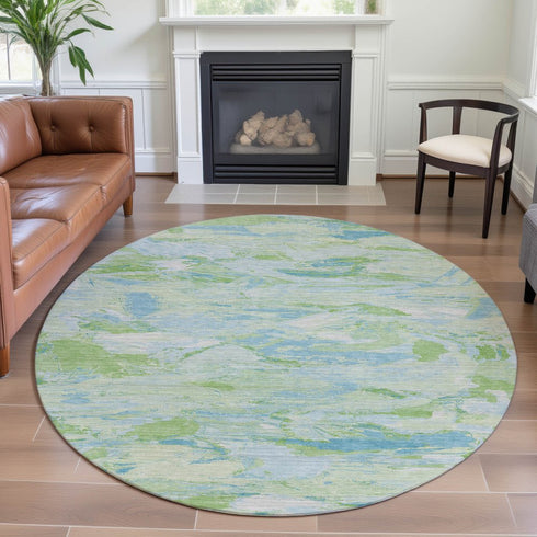 8' X 8' Mint Green Sky Blue And Ivory Abstract Washable Round Rug With UV Protection