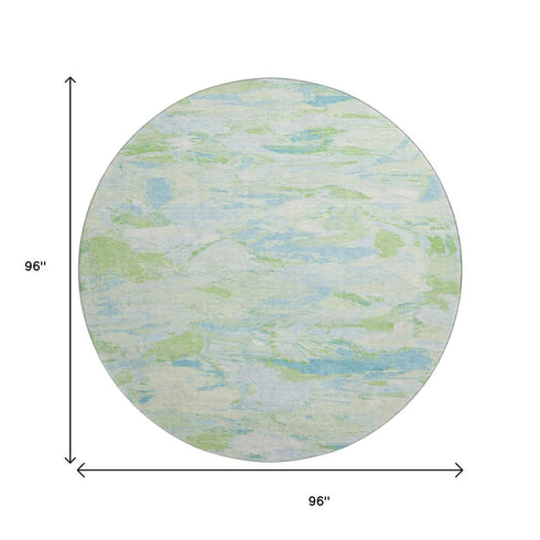 8' X 8' Mint Green Sky Blue And Ivory Abstract Washable Round Rug With UV Protection