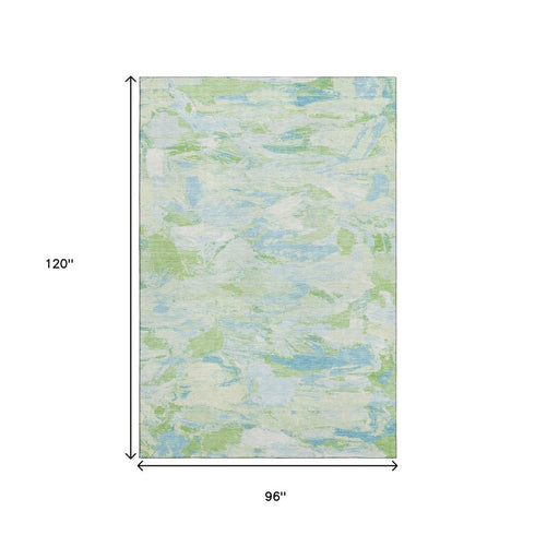 8' Mint Green Sky Blue And Ivory Abstract Washable Area Rug With UV Protection