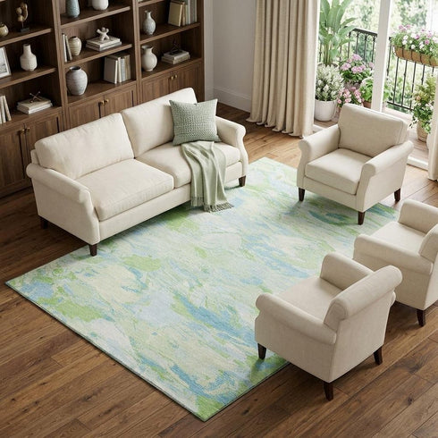 9' X 12' Mint Green Sky Blue And Ivory Abstract Washable Area Rug With UV Protection