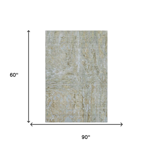 5' X 8' Khaki And Silver Abstract Washable Area Rug With UV Protection