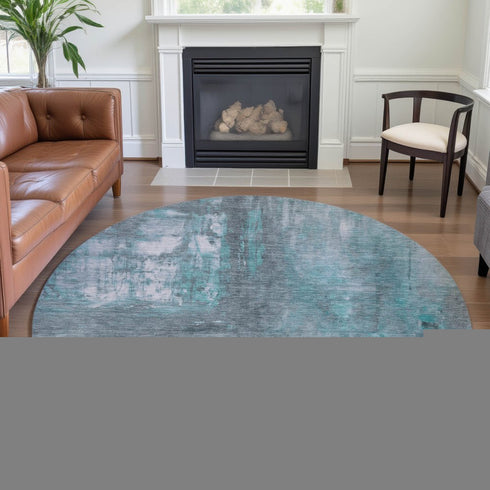 8' X 8' Teal Gray And Silver Abstract Washable Round Rug With UV Protection