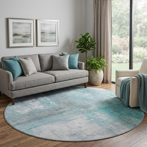 8' X 8' Teal Gray And Silver Abstract Washable Round Rug With UV Protection