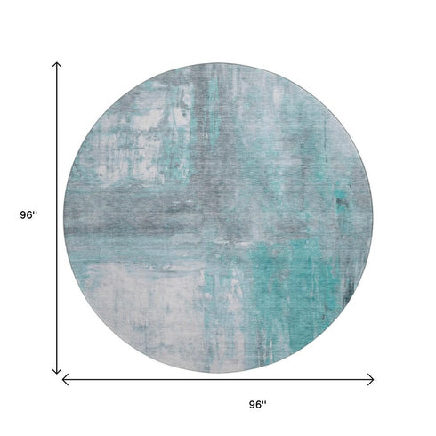 8' X 8' Teal Gray And Silver Abstract Washable Round Rug With UV Protection