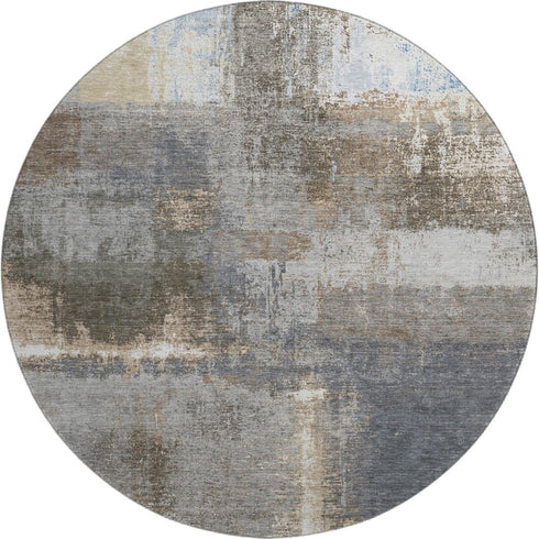 8' X 8' Khaki Silver And Blue Abstract Washable Round Rug With UV Protection