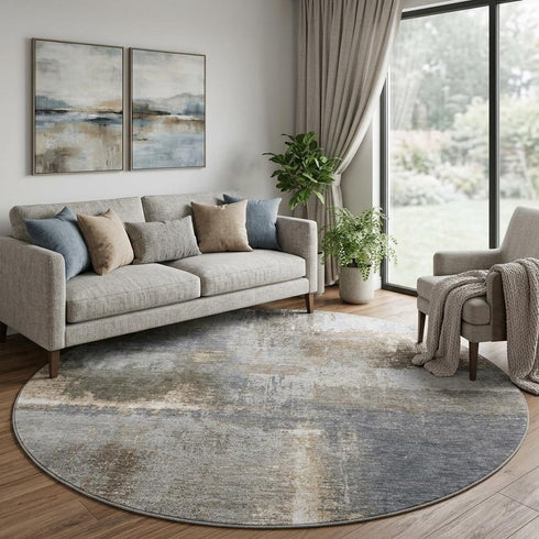 8' X 8' Khaki Silver And Blue Abstract Washable Round Rug With UV Protection