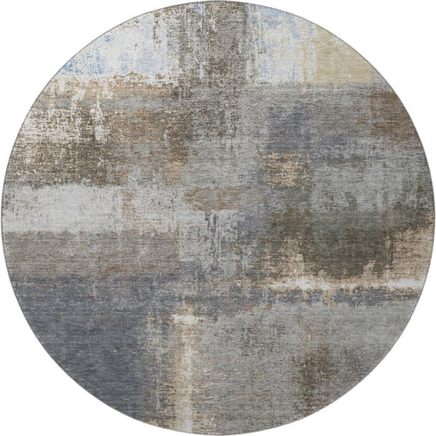 8' X 8' Khaki Silver And Blue Abstract Washable Round Rug With UV Protection