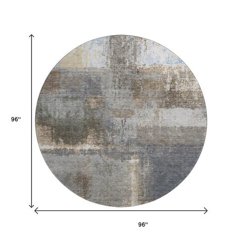 8' X 8' Khaki Silver And Blue Abstract Washable Round Rug With UV Protection
