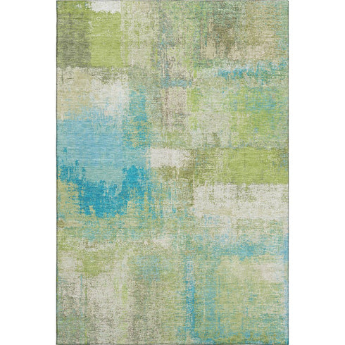 5' X 8' Lime Green Teal And Ivory Abstract Washable Area Rug With UV Protection