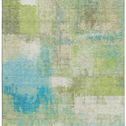 5' X 8' Lime Green Teal And Ivory Abstract Washable Area Rug With UV Protection