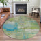8' X 8' Lime Green Teal And Ivory Abstract Washable Round Rug With UV Protection