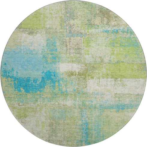 8' X 8' Lime Green Teal And Ivory Abstract Washable Round Rug With UV Protection